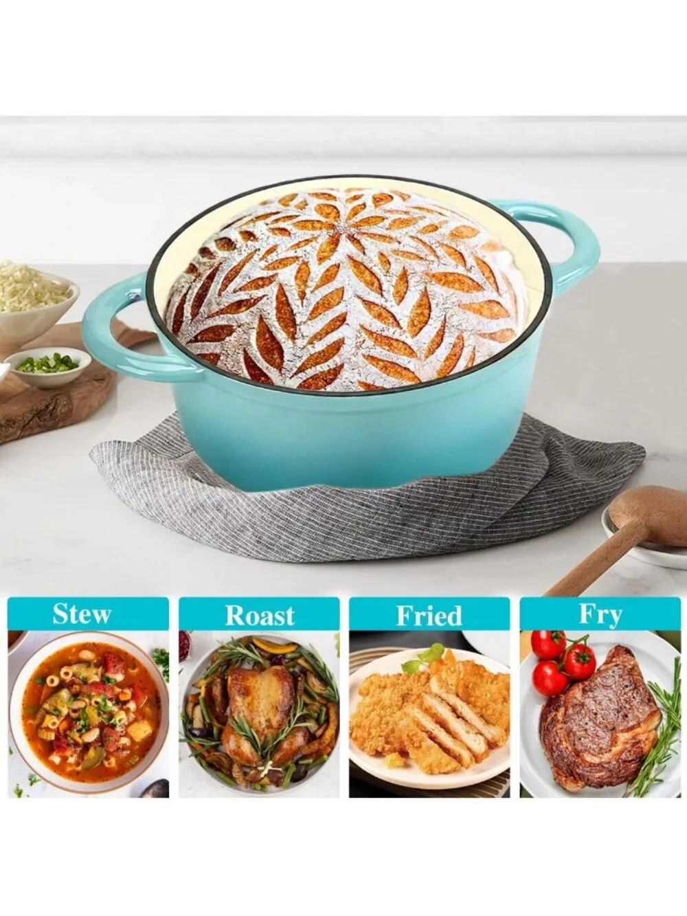 3QT Cast Iron Dutch Oven Pot with Self-Basting Lid for Baking & Cooking - Teal